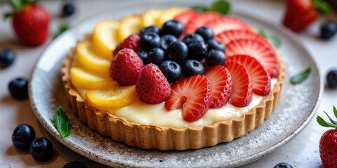  A Fresh Fruit Tart With A Buttery Crust And Custard Filling