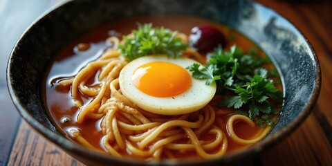 A Hearty Bowl Of Ramen With Rich Broth, Soft-Boiled Egg, And Noodles