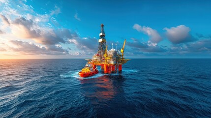 A large oil rig is floating in the ocean