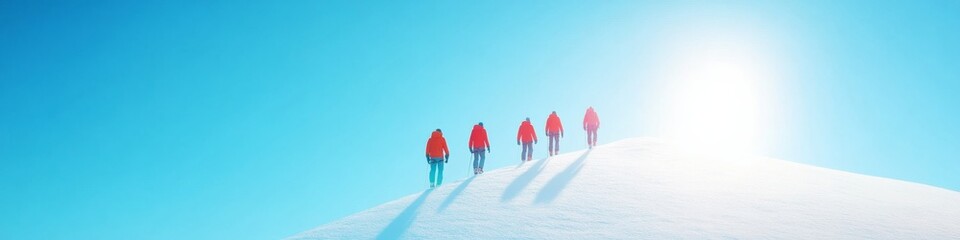 Climbers in Vibrant Gear Ascending Snowy Peak in Bright Winter Sunlight