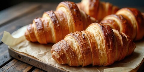 Golden Croissants Freshly Baked On A Rustic Wooden Table