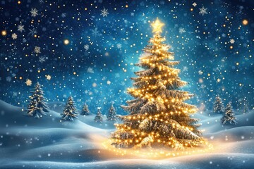 Fototapeta premium Christmas tree shining in snowy forest at night