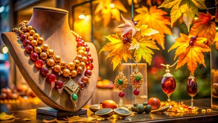 Fototapeta premium Stunning Autumn Jewelry Window Display: Seasonal Collection, Gold Leaf, Jewel Tones, Close Up
