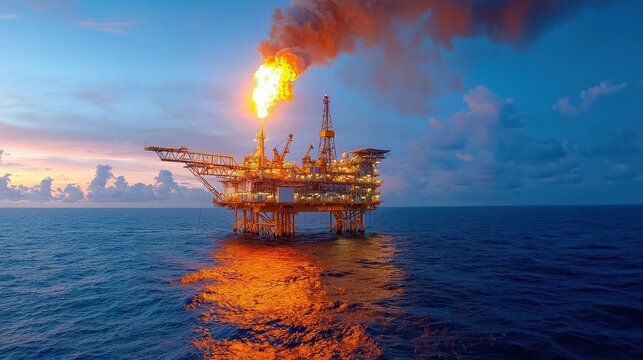 A large oil rig is on fire in the ocean
