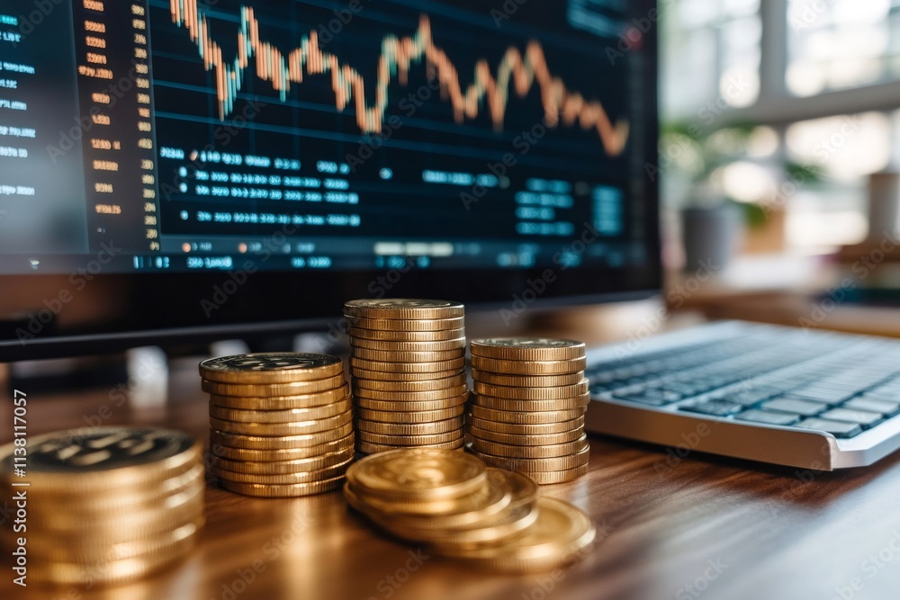 Poster Gold coins stacked on desk with stock market chart displayed on computer screen in background