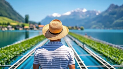 Fototapeta premium Farmer inspecting water reservoirs, ensuring sustainable supply for both crops and animals.