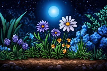 Fototapeta premium A pixel art scene of a flower garden, with colorful blooms swaying in a gentle animated breeze and a pixelated sun shining above