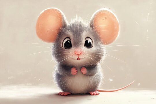 Adorable cgi mouse smiling with big eyes and pink ears