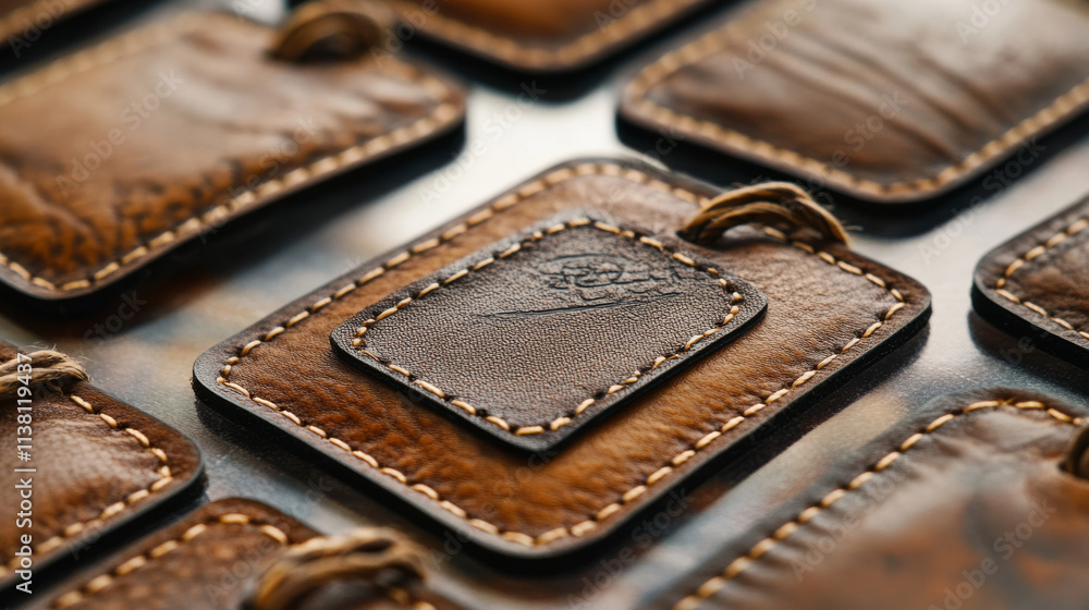 Poster set of brown isolated realistic leather patch. label tag with seam template on transparent backgroun