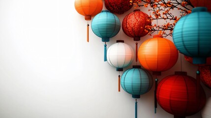 Colorful paper lanterns cascade in vibrant turquoise, orange, and red, perfect for festive celebrations like Lunar New Year, Diwali, or summer parties, with ample space for text.