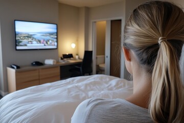 A serene hotel room depicts a guest seated on the bed, enjoying a view of the television while surrounded by modern decor and warm lighting from the room.