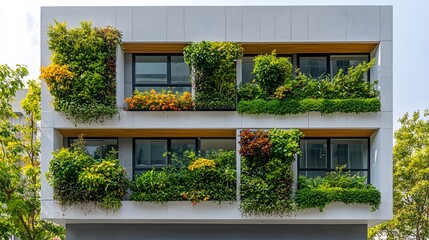 Fototapeta premium Contemporary&nbsp;architectural&nbsp;photograph&nbsp;of white&nbsp;building facade featuring&nbsp;vertical gardens, highlighting&nbsp;sustainable design with&nbsp;green&nbsp;living walls and clean geometric lines.