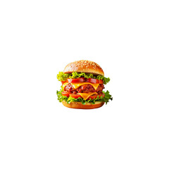A huge double cheeseburger slices of juicy red tomato fresh sesame seeds setup in the isolate on transparent background