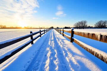 Fototapeta premium A snow-covered fence in a rural setting, with icicles hanging from the rails and soft morning light creating a peaceful scene