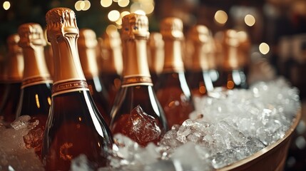 Rose champagne bottles cooling in ice bucket for christmas celebration