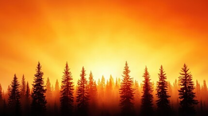 A forest with trees in the foreground and a bright orange sun in the background