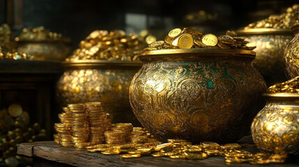 Illustration of cauldron or a black pot full of gold coins