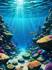 Vibrant Underwater Canyon with Coral Reefs. A captivating underwater scene showcasing a colorful coral reef canyon.