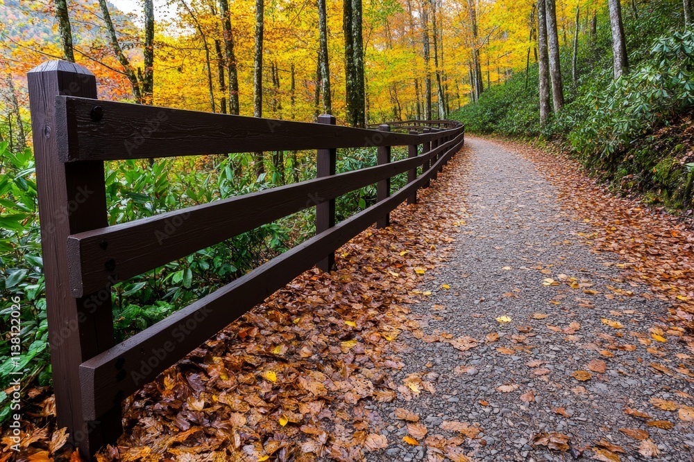 Aufkleber a split-rail fence running alongside a dirt path through a forest in autumn, surrounded by fallen le
