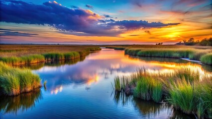 Serene River in the Marsh at Dusk - Captivating Low Light Photography of Nature's Tranquility and Reflection, Ideal for Landscape, Wildlife, and Outdoor Enthusiasts