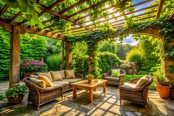Fototapeta premium Stunning Green Garden Patio Design: Wooden Pergola, Comfortable Seating, Outdoor Oasis, Wide Angle Photography