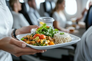 An elegant airplane meal is served on a plastic tray, with vibrant vegetables and grains, aimed at providing comfort and satisfaction during air travel.