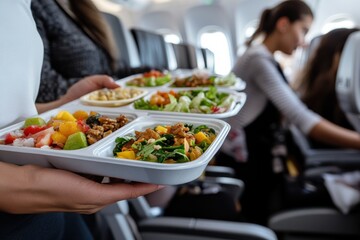 A flight attendant serves healthy meal options to passengers, showcasing a variety of food items, reflecting care in providing nutritious meals during air travel.