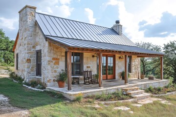 Charming stone cottage with metal roof and covered porch in texas hill country