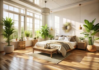 Sunlight streams into a serene boho bedroom, featuring white walls, wooden floors, and lush plants.