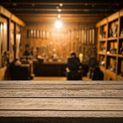 An empty wooden tabletop with a blurred background of tool rooms, An empty wooden tabletop with a blurred background of tool rooms