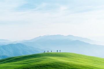 Volunteers Planting Trees on Serene Mountain Landscape Under Soft Light
