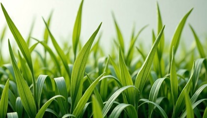 Close-up view of bright green grass blades isolated on white background