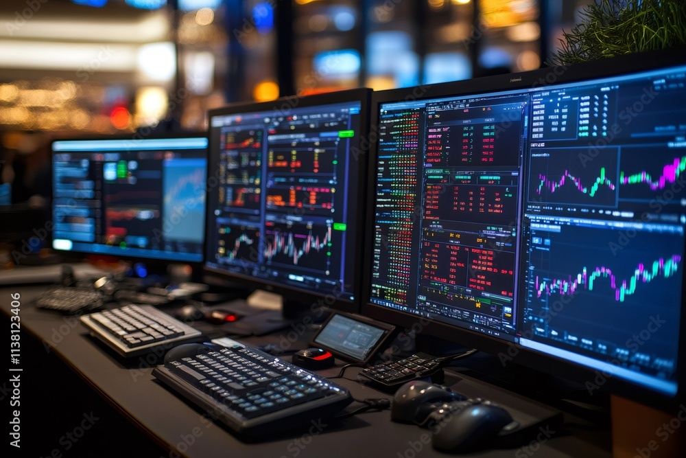 Aufkleber Stock market analysis displaying on multiple computer screens