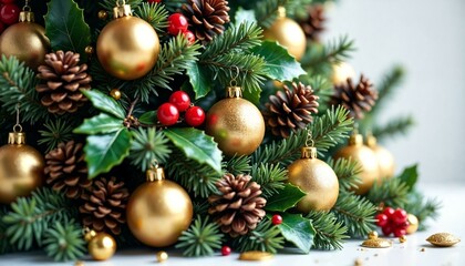 Obraz premium Elegant holiday decoration with pinecones, holly berries, and golden baubles in vibrant 3D