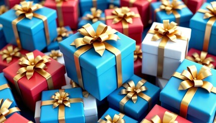 Fototapeta premium Cheerful pile of colorful gift boxes with intricate golden ribbons in high-resolution 3D