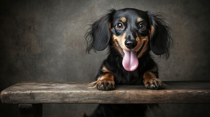 A happy dachshund dog with a playful expression on a wooden bench.