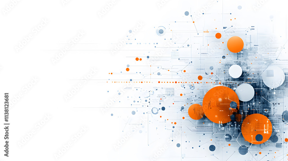 Poster an abstract digital design featuring orange and blue circles with lines and textures, evoking a sens