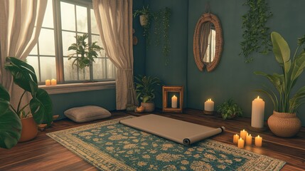Cozy Meditation Space with Plants and Soft Lighting for Relaxation