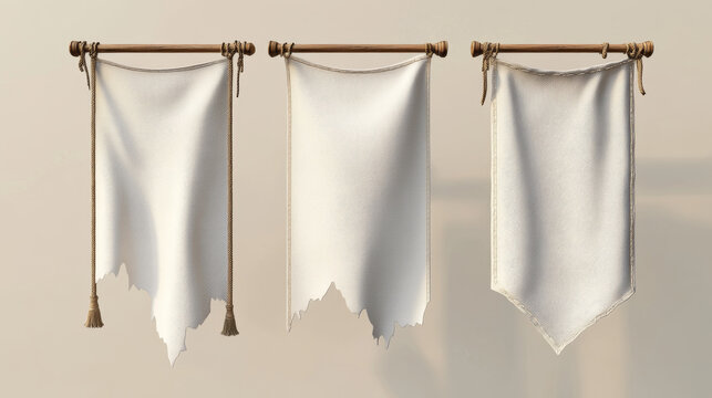 White pennant flags mockup, blank vertical banners on flagpole with rounded, straight, pointed and double edges. Isolated medieval heraldic empty ensign templates. Realistic 3d vector illustration set