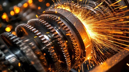 A metal gear in motion, with sparks flying from the friction between the moving parts