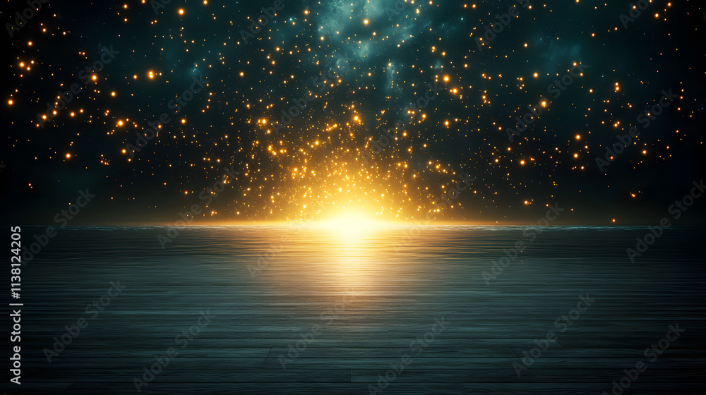 Poster A mesmerizing scene of glowing lights emerging over a tranquil water surface, creating a magical and serene atmosphere