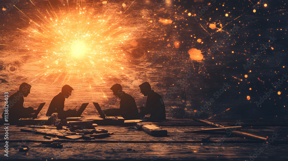 Poster a group of individuals working on laptops in a dark environment, illuminated by an explosion of ligh