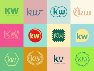 KW logo company template. Letter k and w logotype. Set different classic serif lettering and modern bold text with design elements. Initial font typography.