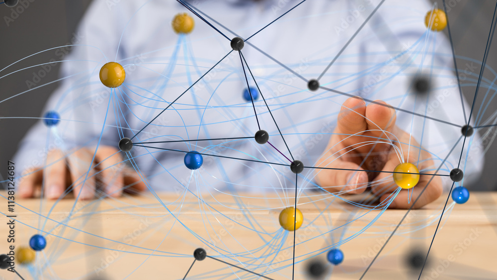 Poster Neural network 3D illustration. Big data and cybersecurity