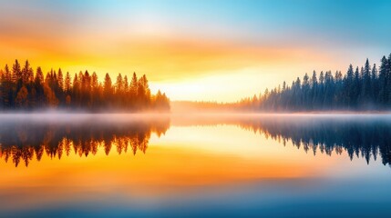 Obraz premium A beautiful lake with a bright orange sun in the background