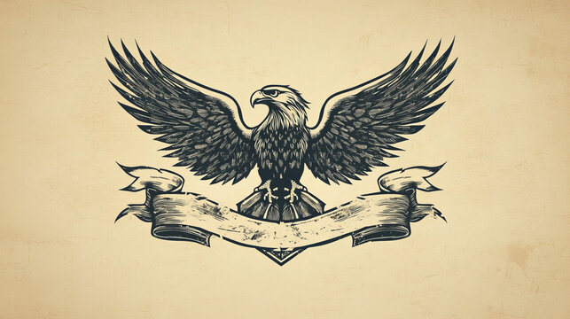 An eagle scroll symbol crest banner parchment design emblem in a vintage woodcut style
