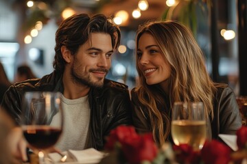 Happy couple enjoying romantic dinner date at restaurant