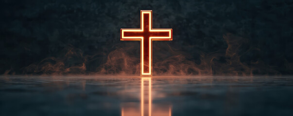 Naklejka premium Glowing cross symbolizing faith and spirituality, surrounded by mist