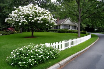 Obraz premium A white picket fence surrounding a cozy suburban home, with a neatly trimmed lawn and a tree in full bloom