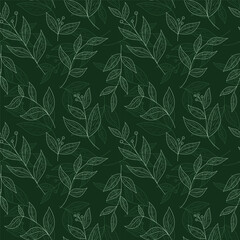 Fototapeta premium Botanical seamless vector pattern with leaves and branches in dark green colors